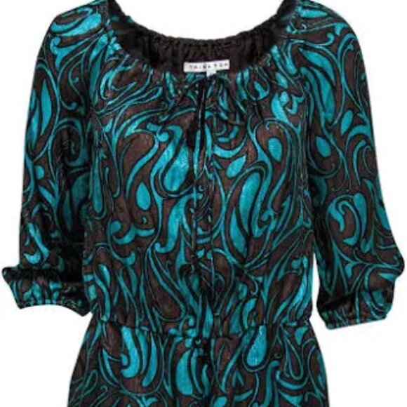 Trina Turk 100% Silk Satin Texture Brown Teal Paisley Mini Dress 4 Elastic Waist - Picture 2 of 8